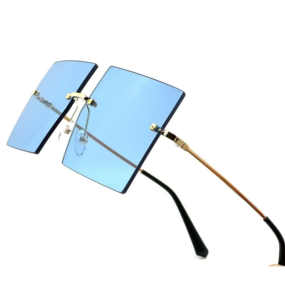 Rimless Sunglasses Square Blue Lens Gold Accents Fashion Trendy Men‎ Sun Glasses
